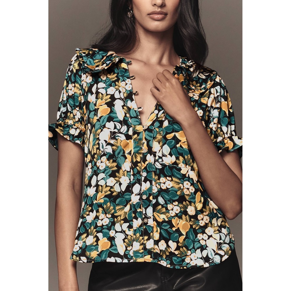 Pilcro Anthropologie Keira Ruffle Peter Pan Collar Floral Blouse Shirt XS